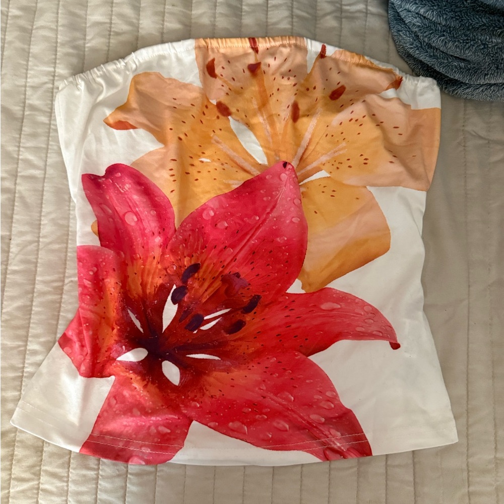 Floral Strapless Top with Red and Orange lillies